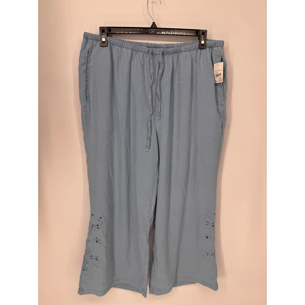 Cato Pants Women 18/20 Blue NWT Wide Leg Eyelet Hem Drawstring Cropped Tencel